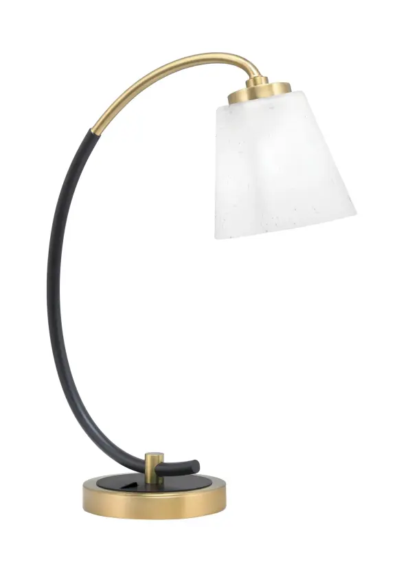 This stunning desk lamp features a sleek matte black body with new age brass accents and a 4.5" square white muslin glass shade that softly diffuses light. Perfect for creating a warm, inviting atmosphere in home offices or bedrooms.