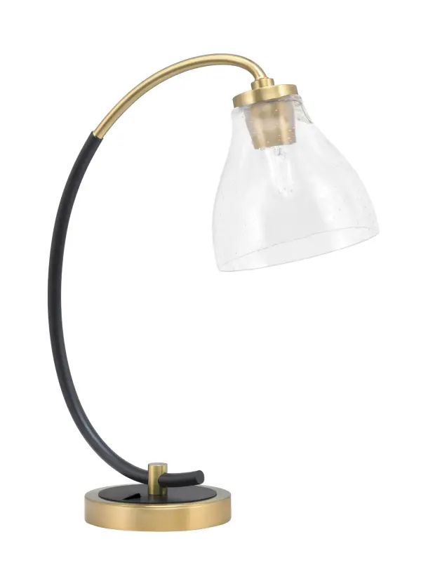 This contemporary desk lamp combines matte black and new age brass finishes with a unique 6.25" clear bubble glass shade. Perfect for task lighting in home offices or as accent lighting in bedrooms, it offers both style and functionality with easy rocker switch control.