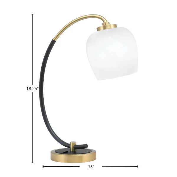 This contemporary desk lamp combines matte black and brass finishes for a sophisticated look. The 6" white marble glass shade provides warm, diffused lighting ideal for reading and working. Compact yet stylish design fits any workspace. - alternate view