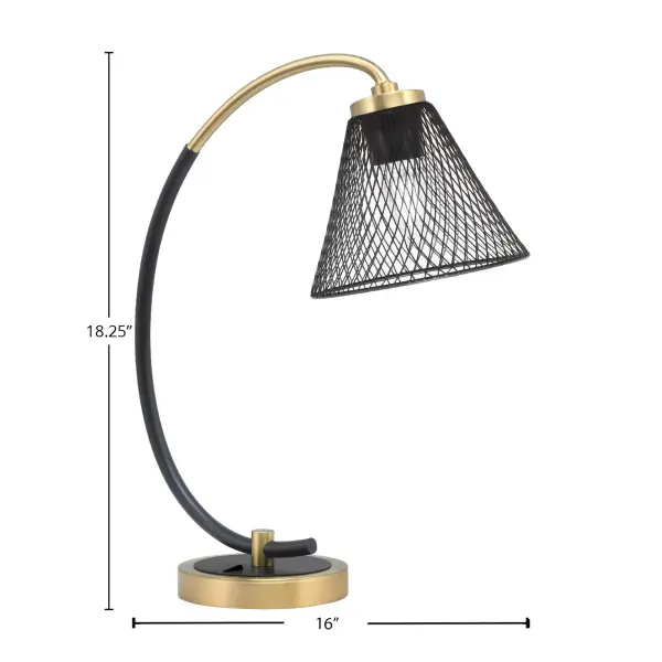 This stylish desk lamp combines matte black and brass finishes with a unique mesh metal cone shade. Perfect for focused task lighting, it delivers both functionality and contemporary industrial design to any workspace. - alternate view