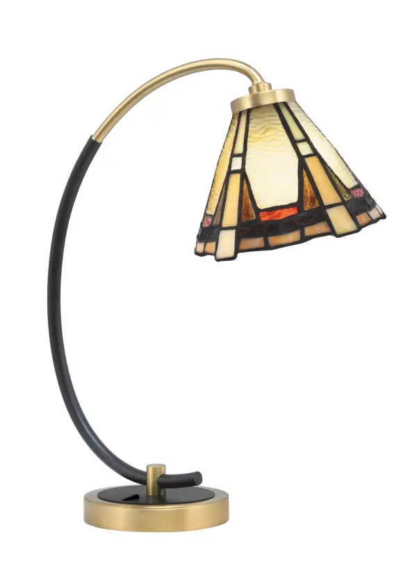 This striking desk lamp combines matte black and brass finishes with a unique 7" Zion art glass shade. Perfect for modern offices and bedrooms, it offers both functional task lighting and artistic appeal with its handcrafted glass.