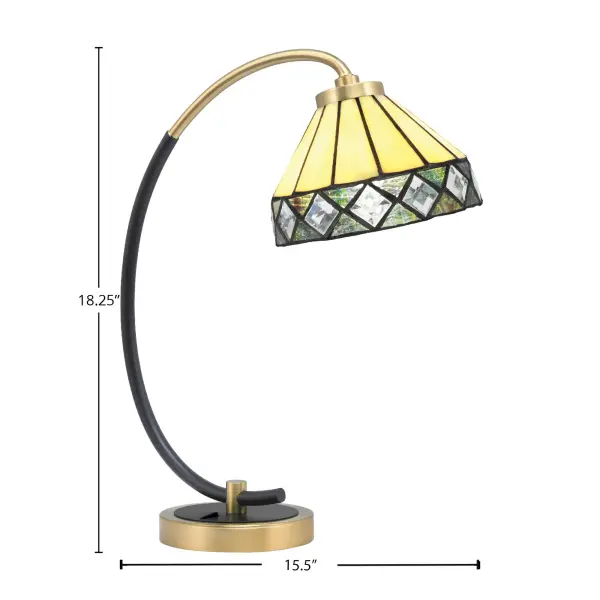 This contemporary desk lamp combines a sleek matte black base with new age brass accents and a unique 7" diamond peak art glass shade. Perfect for home offices and study spaces, it delivers both functional task lighting and decorative appeal. - alternate view