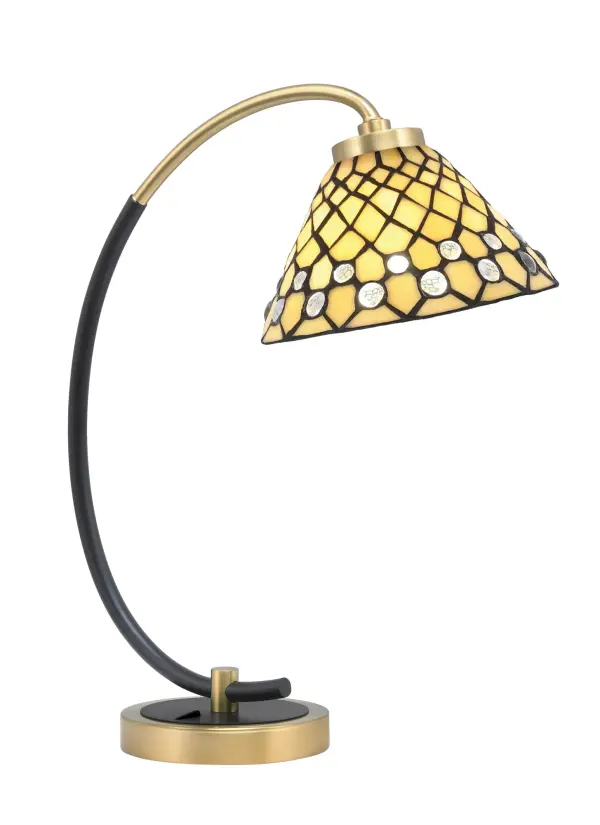 This contemporary desk lamp combines matte black and brass finishes with a distinctive 7" starlight art glass shade. Perfect for home offices and study areas, it provides focused task lighting while adding artistic elegance to any workspace.