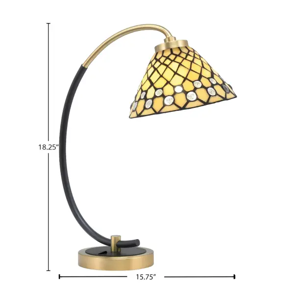 This contemporary desk lamp combines matte black and brass finishes with a distinctive 7" starlight art glass shade. Perfect for home offices and study areas, it provides focused task lighting while adding artistic elegance to any workspace. - alternate view