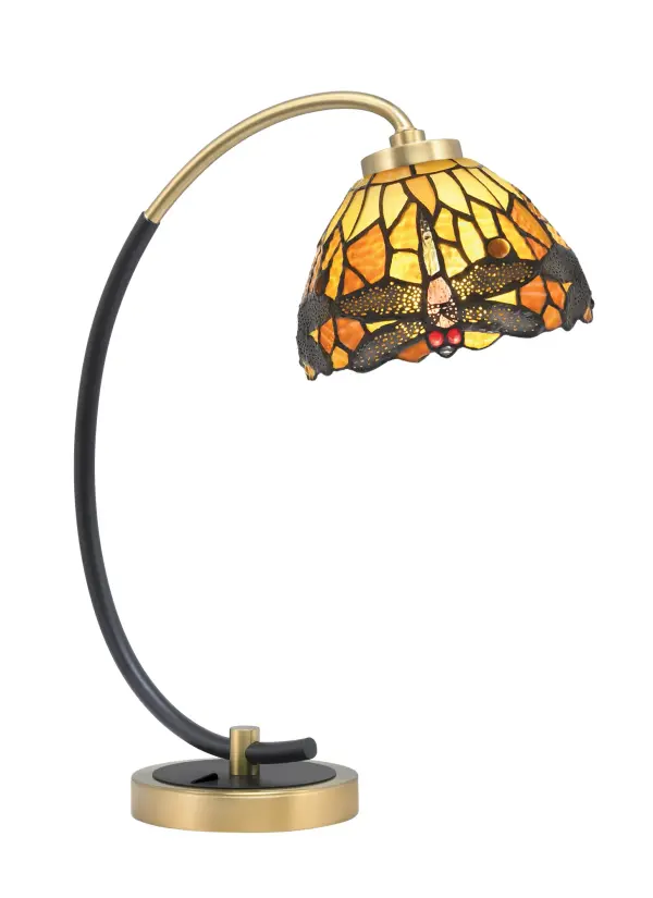 This stunning desk lamp combines artisanal craftsmanship with modern functionality. The 7" amber dragonfly art glass shade creates a warm, inviting glow while the two-tone matte black and brass finish adds sophisticated contrast.
