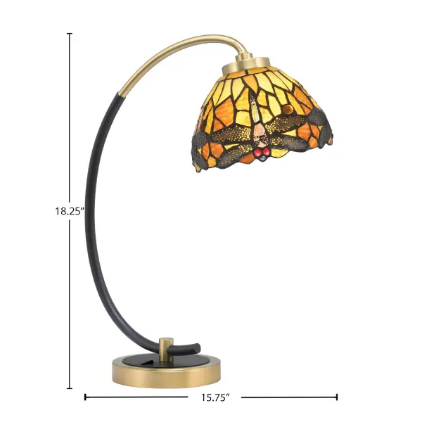 This stunning desk lamp combines artisanal craftsmanship with modern functionality. The 7" amber dragonfly art glass shade creates a warm, inviting glow while the two-tone matte black and brass finish adds sophisticated contrast. - alternate view