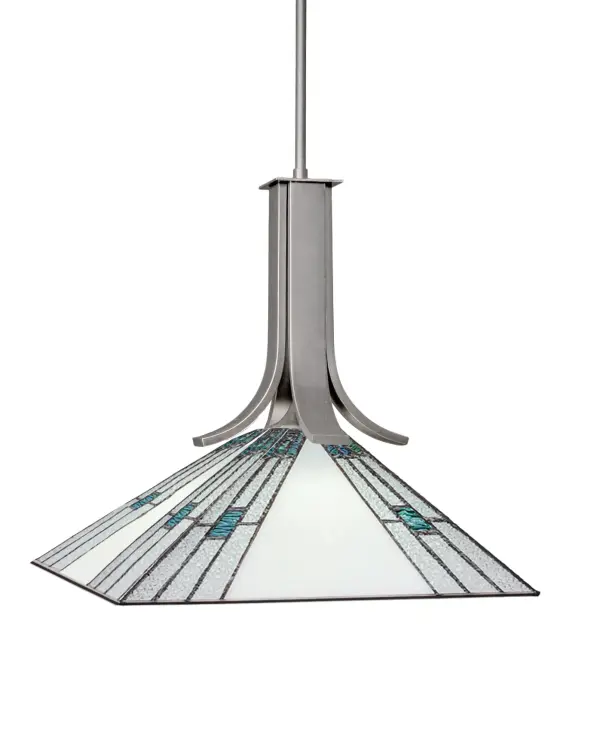 The Apollo Stem Hung Pendant combines contemporary style with artistic flair. Its graphite finish and distinctive square Sky Ice art glass create visual interest, while the adjustable stem system offers versatile installation options.