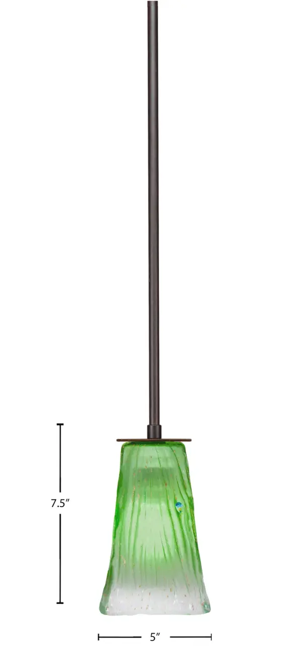 The Apollo Mini Pendant features striking kiwi green crystal glass in a compact 5-inch square design. Its dark granite finish and adjustable stem height make it versatile for various ceiling heights and room sizes. - alternate view