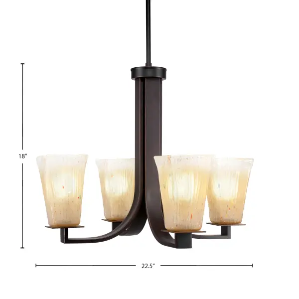 The Apollo 4-Light Chandelier combines modern sophistication with warm ambiance through its Dark Granite finish and amber crystal glass shades. Highly adjustable height and sloped ceiling compatibility make it versatile for various spaces. - alternate view