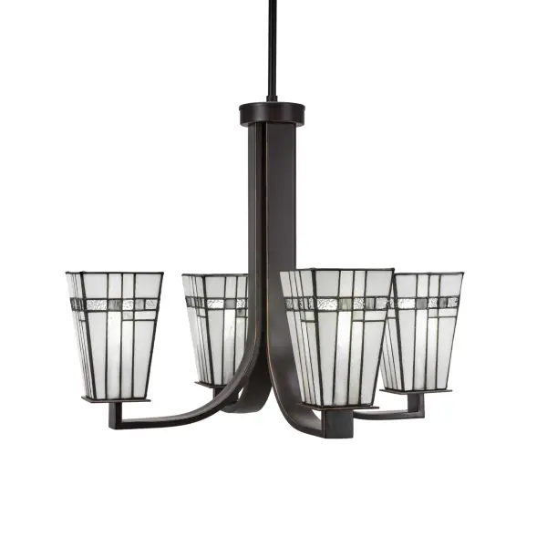 The Apollo 4-Light Chandelier combines Art Deco styling with modern versatility. Its Dark Granite finish and distinctive square New Deco glass shades create sophisticated upward lighting, while adjustable stems accommodate various ceiling heights.