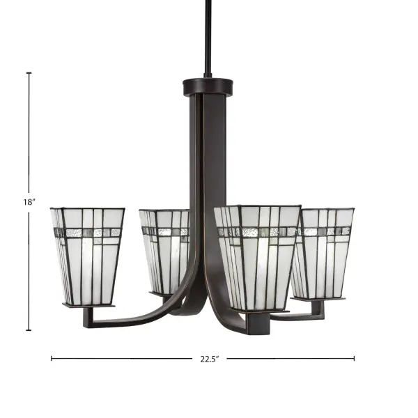 The Apollo 4-Light Chandelier combines Art Deco styling with modern versatility. Its Dark Granite finish and distinctive square New Deco glass shades create sophisticated upward lighting, while adjustable stems accommodate various ceiling heights. - alternate view
