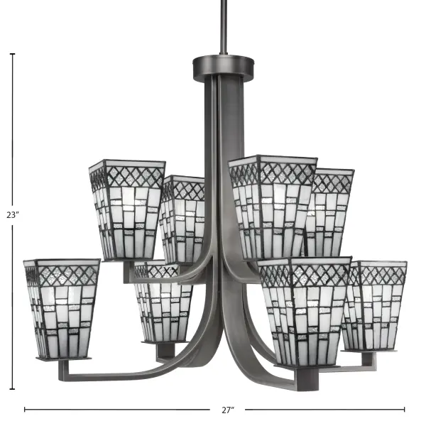 The Apollo chandelier combines industrial-inspired graphite metalwork with elegant pewter art glass shades. Eight uplights create ambient illumination perfect for dining and entertaining spaces. Adjustable height and sloped ceiling compatibility offer versatile installation options. - alternate view