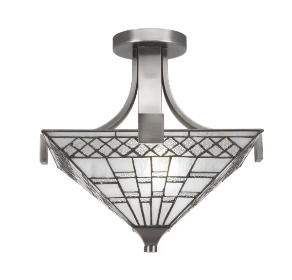 The Apollo Semi-Flush combines a modern graphite finish with handcrafted pewter art glass for sophisticated ambient lighting. Its compact 15-inch profile fits standard ceiling heights while the square glass shade adds architectural interest.
