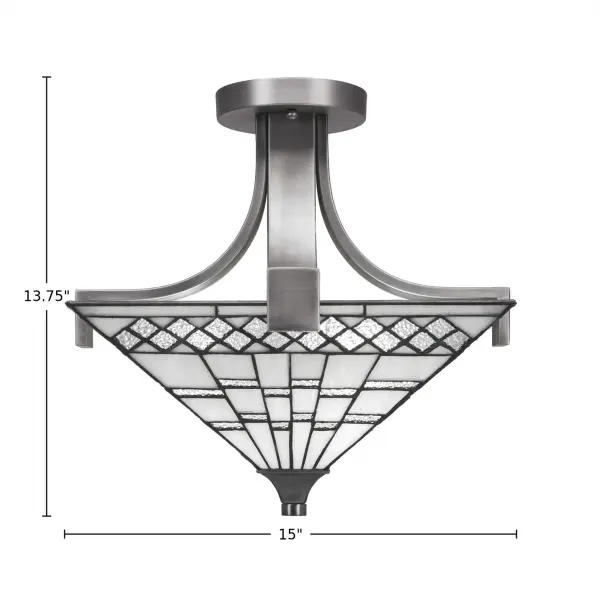 The Apollo Semi-Flush combines a modern graphite finish with handcrafted pewter art glass for sophisticated ambient lighting. Its compact 15-inch profile fits standard ceiling heights while the square glass shade adds architectural interest. - alternate view