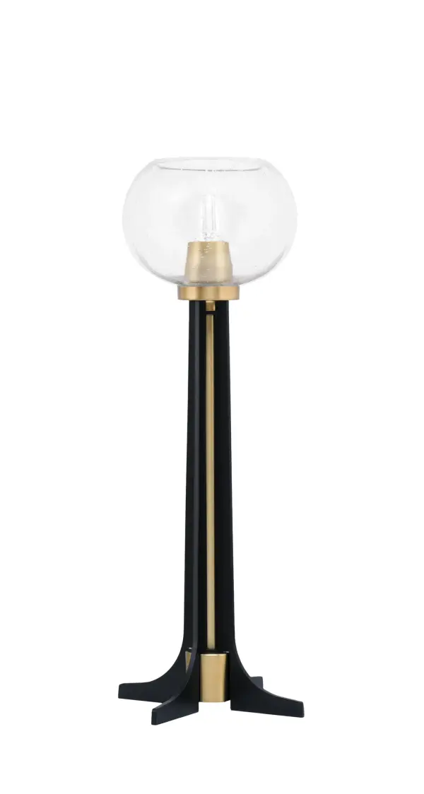 This striking accent lamp combines contemporary style with industrial flair through its matte black and brass finish. The 7" clear bubble glass shade creates visual interest while providing warm ambient lighting for any space.