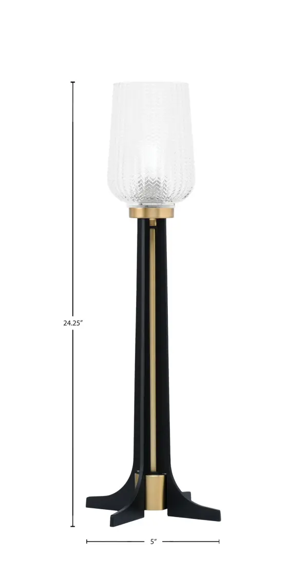 This contemporary accent lamp combines matte black and new age brass finishes for a sophisticated look. The 5" clear textured glass shade adds visual interest while providing warm ambient lighting. At 24.25" tall, it's perfectly sized for bedside tables, end tables, or office desks. - alternate view