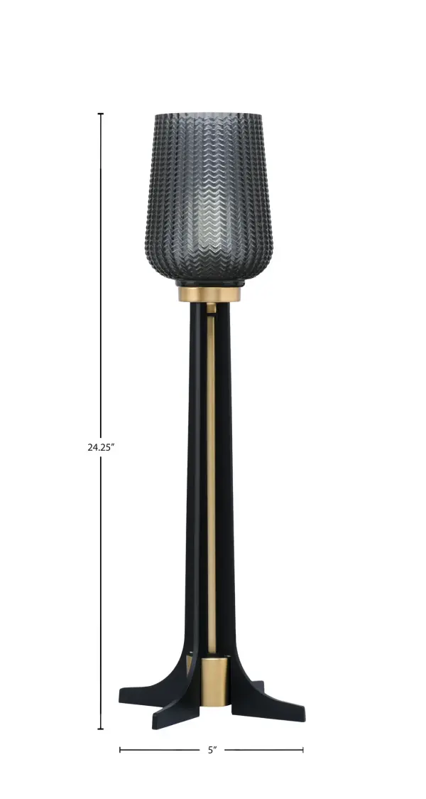 This sophisticated accent lamp combines matte black and brass finishes with a smoke textured glass shade for warm, ambient lighting. At 24.25" tall, it's perfectly sized for bedside tables, end tables, or office desks. - alternate view