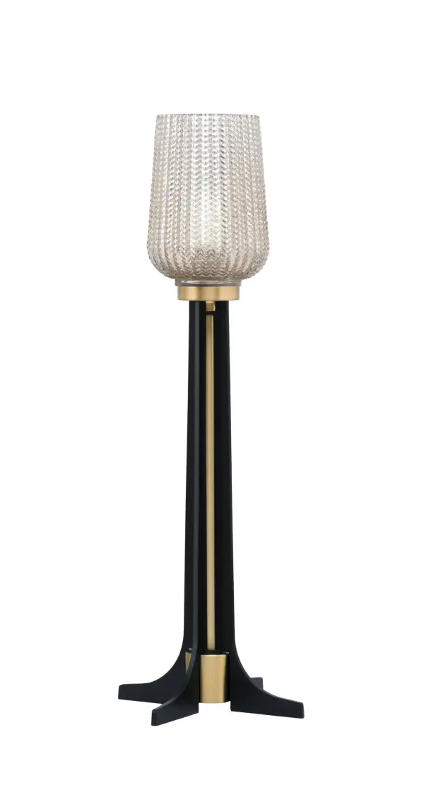 This contemporary accent lamp combines matte black and new age brass finishes for a trendy, sophisticated look. The 5" silver textured glass shade creates warm, diffused lighting perfect for intimate spaces.
