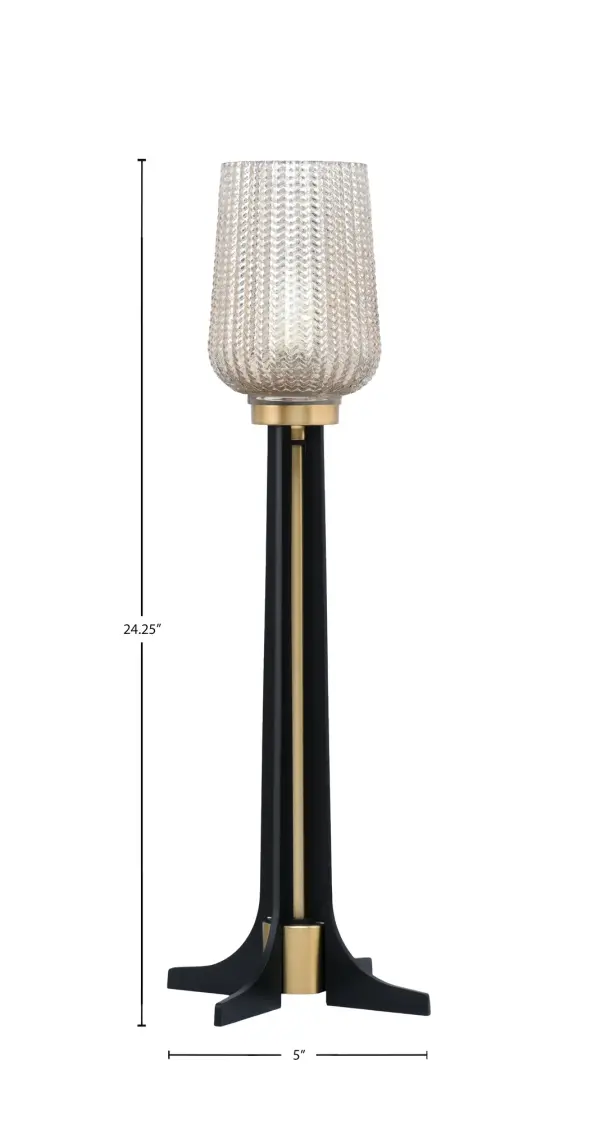 This contemporary accent lamp combines matte black and new age brass finishes for a trendy, sophisticated look. The 5" silver textured glass shade creates warm, diffused lighting perfect for intimate spaces. - alternate view