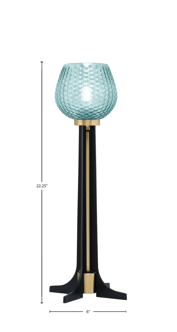 This contemporary accent lamp combines matte black and new age brass finishes with a vibrant 6" turquoise textured glass shade. At 22.25" tall, it provides excellent task lighting with convenient on-base rocker switch control. - alternate view