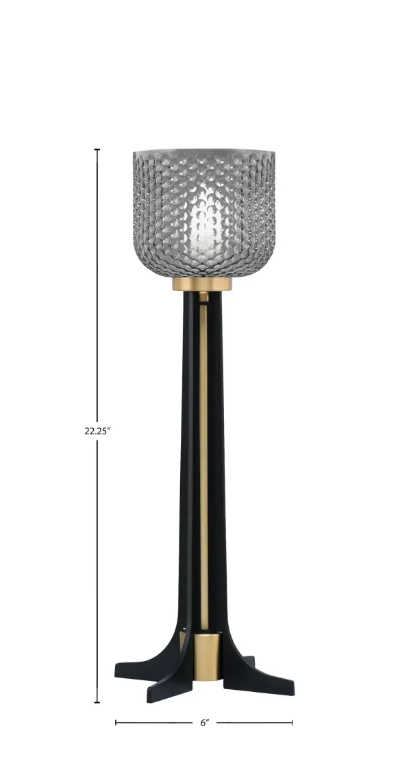 This contemporary accent lamp combines matte black and brass finishes with a unique smoke textured glass shade. At 22.25" tall, it's perfectly sized for bedside tables, end tables, or desks, offering both ambient lighting and modern style. - alternate view