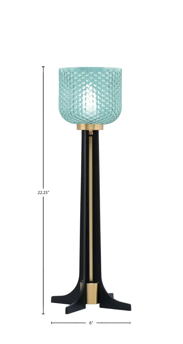 This contemporary accent lamp combines matte black and new age brass finishes with a unique 6" turquoise textured glass shade. At 22.25" tall, it's perfectly sized for side tables and nightstands, offering both functional lighting and decorative appeal. - alternate view