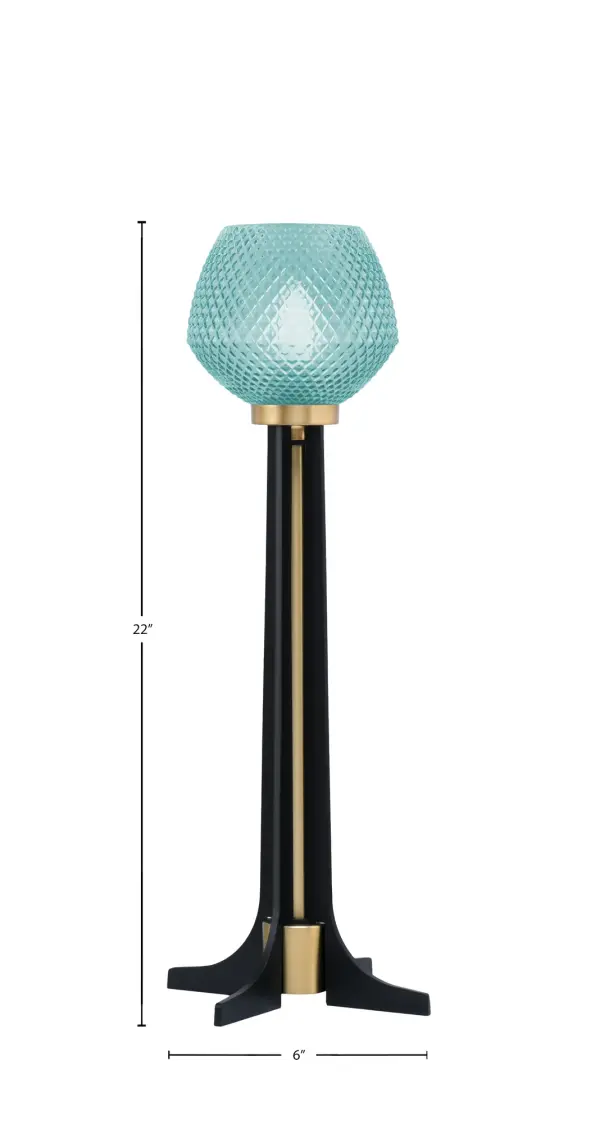 This contemporary accent lamp combines matte black and new age brass finishes with a stunning 6" turquoise textured glass shade. At 22" tall, it provides excellent task lighting while adding a bold pop of color and modern sophistication. - alternate view