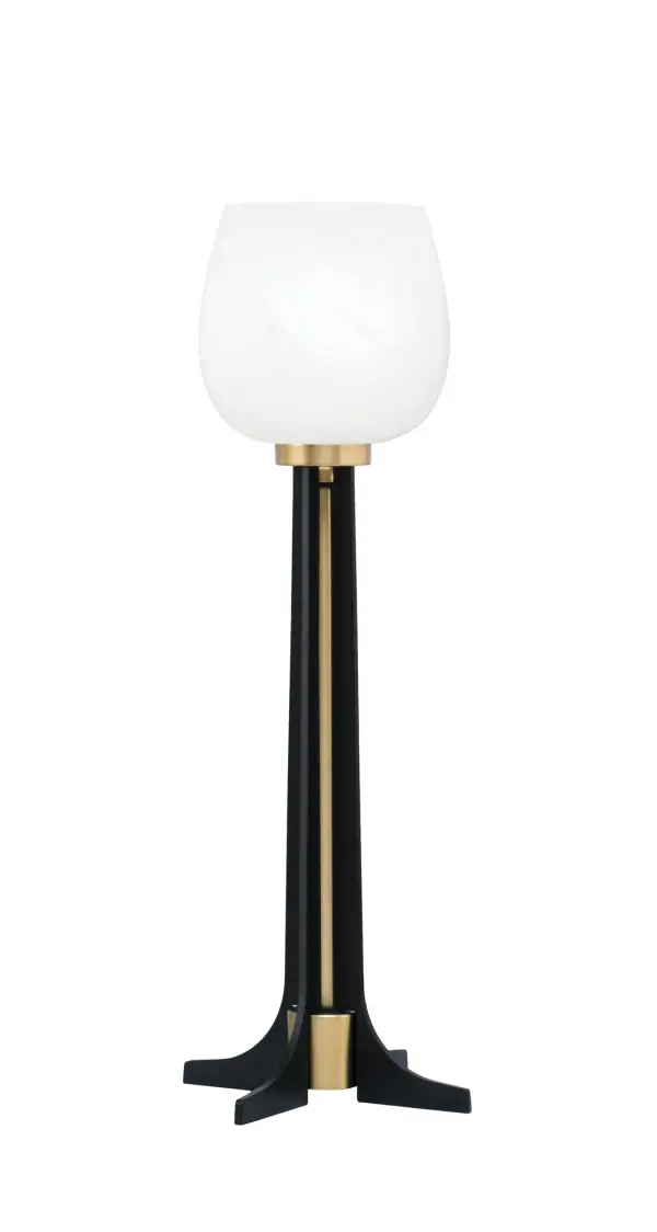 This striking accent lamp combines matte black and brass finishes with a white marble glass shade for a contemporary look. At 23" tall with an 8.5" base, it's perfectly sized for side tables and desks, offering warm ambient lighting.