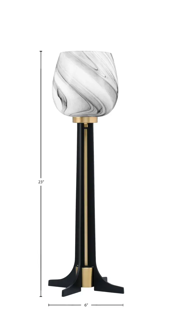 This sophisticated accent lamp combines matte black and new age brass finishes with a beautiful 6" onyx swirl glass shade. At 23" tall with an 8.5" base, it provides warm ambient lighting perfect for side tables and desks. - alternate view