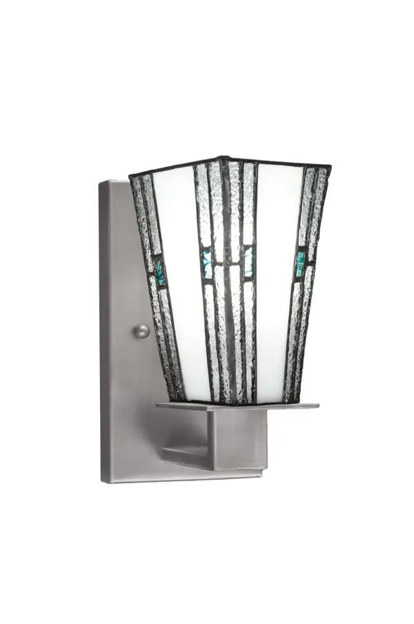 The Apollo Wall Sconce combines sophisticated graphite finish with striking sky ice art glass for beautiful light diffusion. Its compact 5-inch square design and versatile up/down mounting make it ideal for hallways, bedrooms, and living spaces.