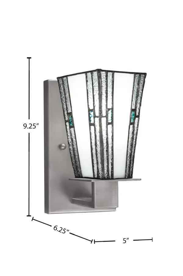 The Apollo Wall Sconce combines sophisticated graphite finish with striking sky ice art glass for beautiful light diffusion. Its compact 5-inch square design and versatile up/down mounting make it ideal for hallways, bedrooms, and living spaces. - alternate view