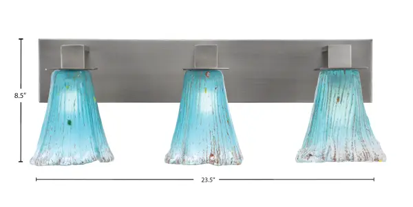The Apollo 3 Light Bath Bar combines contemporary elegance with functional lighting. Its graphite finish and distinctive fluted teal crystal glass shades create a luxurious focal point while providing excellent illumination. - alternate view