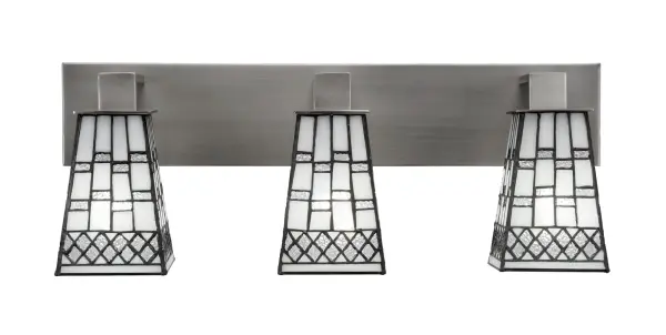 The Apollo 3-Light Bath Bar combines contemporary style with practical functionality. Its graphite finish and pewter art glass create a sophisticated look, while the up or down mounting option offers installation flexibility.