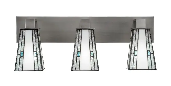 The Apollo 3-Light Bath Bar combines contemporary styling with practical functionality. Its graphite finish and sky ice art glass create a sophisticated look while providing excellent illumination for bathroom tasks.