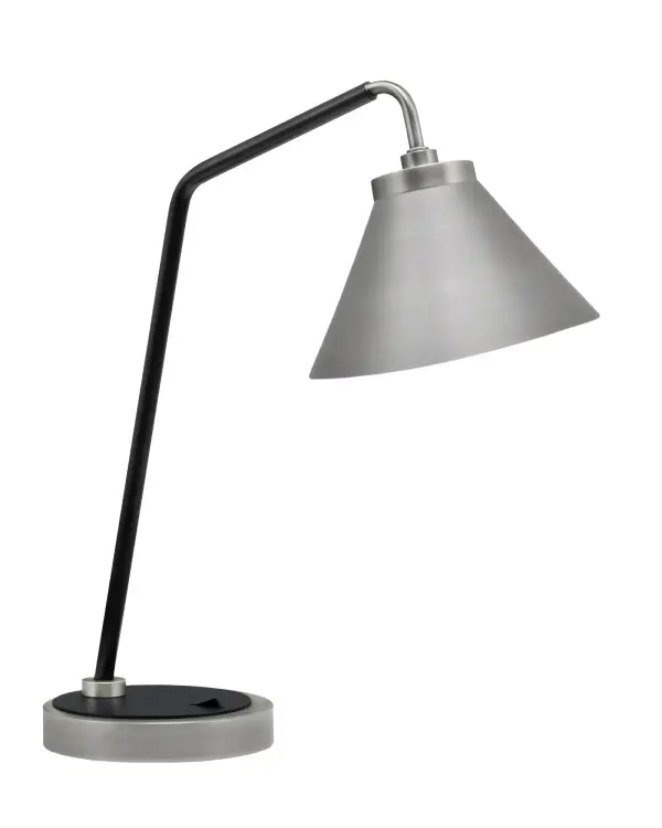 This sleek desk lamp combines graphite and matte black finishes with a 7-inch cone metal shade for directed task lighting. Ideal for home offices and creative workspaces, it features a convenient on-base rocker switch and 6-foot cord for flexible placement.