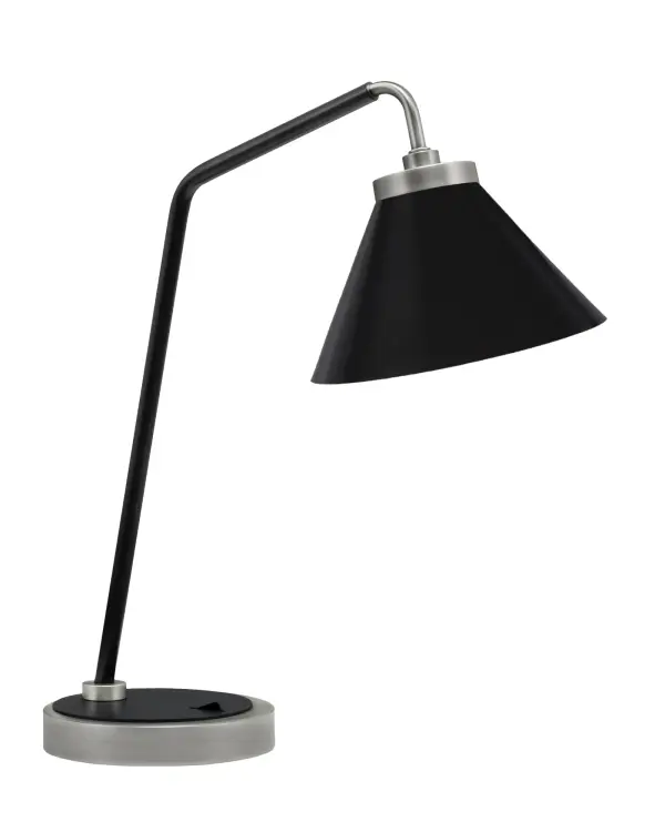 This stylish desk lamp combines graphite and matte black finishes with a 7" cone metal shade for focused task lighting. The adjustable design and rocker switch make it ideal for home offices and reading nooks.