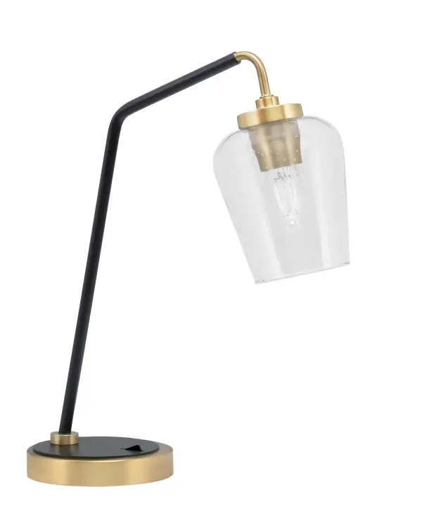 This compact desk lamp combines industrial charm with modern sophistication through its two-tone matte black and brass finish. The 5-inch clear bubble glass shade creates visual interest while providing focused task lighting for workspaces.