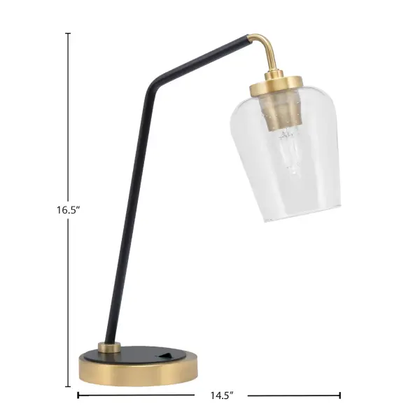 This compact desk lamp combines industrial charm with modern sophistication through its two-tone matte black and brass finish. The 5-inch clear bubble glass shade creates visual interest while providing focused task lighting for workspaces. - alternate view