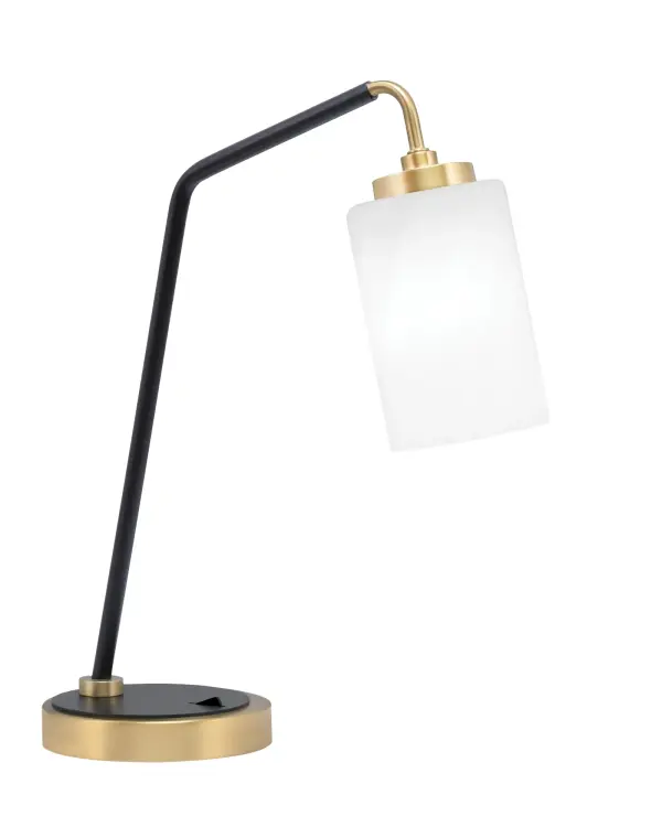 This contemporary desk lamp combines matte black and brass finishes for a sophisticated look. The 4-inch white marble glass shade provides soft, ambient lighting perfect for work or reading. Compact design fits most desk spaces.