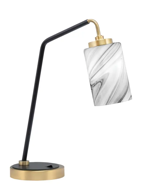 This contemporary desk lamp combines functional task lighting with artistic design. The unique onyx swirl glass shade creates ambient light diffusion while the matte black and brass finish adds modern sophistication to any workspace.
