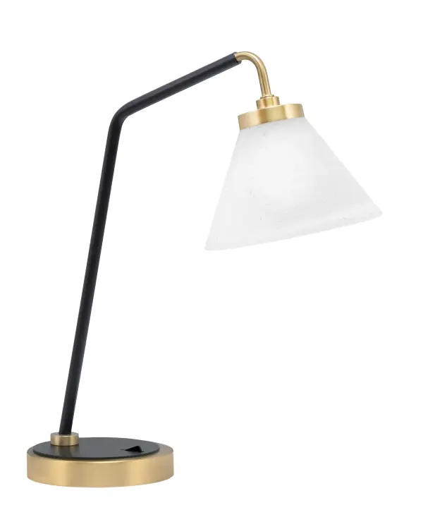 This sophisticated desk lamp combines matte black and brass finishes with a white muslin glass shade that creates warm, diffused task lighting. Perfect for home offices and reading spaces, it offers timeless style with modern functionality.