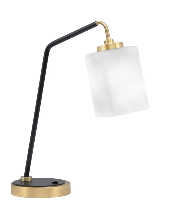 This contemporary desk lamp combines matte black and new age brass finishes with a soft white muslin glass shade, delivering both style and function. Perfect for workspaces and reading areas with convenient base rocker switch.