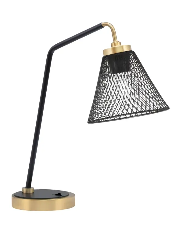 This stylish desk lamp combines industrial aesthetics with modern functionality. The unique mesh metal cone shade provides glare-free task lighting, while the matte black and brass finish adds sophistication to any workspace.