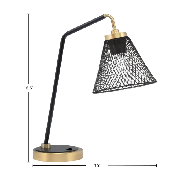 This stylish desk lamp combines industrial aesthetics with modern functionality. The unique mesh metal cone shade provides glare-free task lighting, while the matte black and brass finish adds sophistication to any workspace. - alternate view