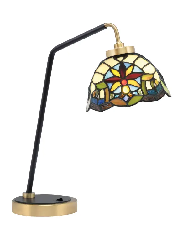 This desk lamp combines functionality with artistry, featuring a striking matte black and brass finish paired with a unique 7" Earth Star art glass shade. Perfect for home offices and study spaces, it provides focused task lighting while adding contemporary style.