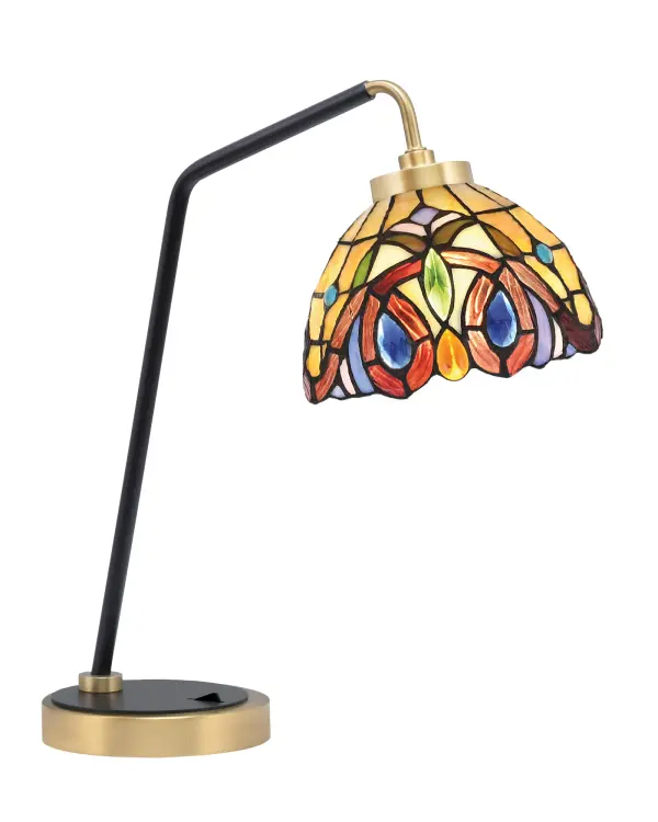 This striking desk lamp combines a matte black base with new age brass accents and a handcrafted 7-inch Lynx art glass shade. Perfect for modern offices and contemporary homes, it delivers both functional task lighting and decorative appeal.