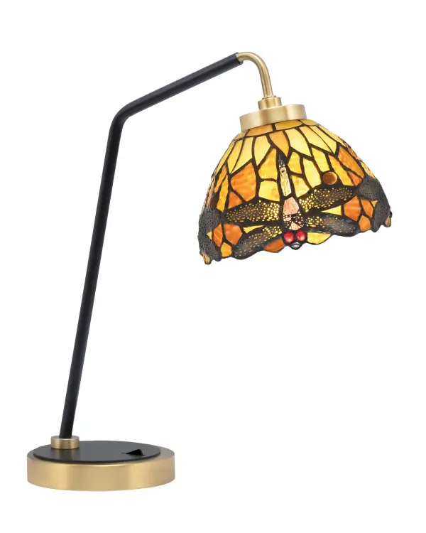 This stunning desk lamp combines artisanal craftsmanship with contemporary style. The hand-crafted amber dragonfly art glass shade creates warm, ambient lighting while the two-tone matte black and brass finish adds sophisticated contrast.