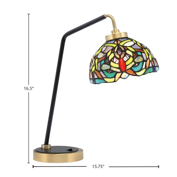 This unique desk lamp combines functional lighting with artistic flair, featuring a striking kaleidoscope art glass shade that creates beautiful color displays. The mixed-metal finish of matte black and brass adds contemporary elegance. - alternate view