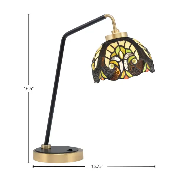 This sophisticated desk lamp combines a sleek matte black and brass finish with a handcrafted ivory cypress art glass shade. Perfect for task lighting in home offices or as ambient lighting in bedrooms, it delivers both functionality and visual appeal. - alternate view