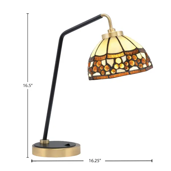This sophisticated desk lamp combines a sleek matte black base with new age brass accents and a stunning 7-inch Roman Jewel art glass shade. The unique glass creates beautiful light diffusion while the dual-finish design adds visual interest to any workspace or bedroom. - alternate view